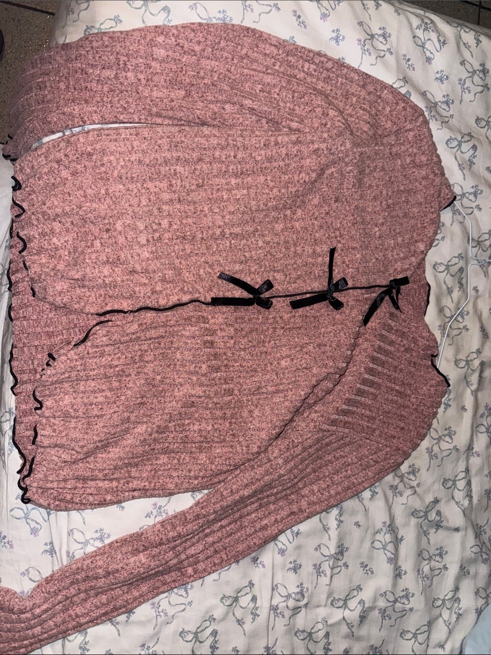 Ribbed Pink Open-Front Cardigan with Black Bow Trim